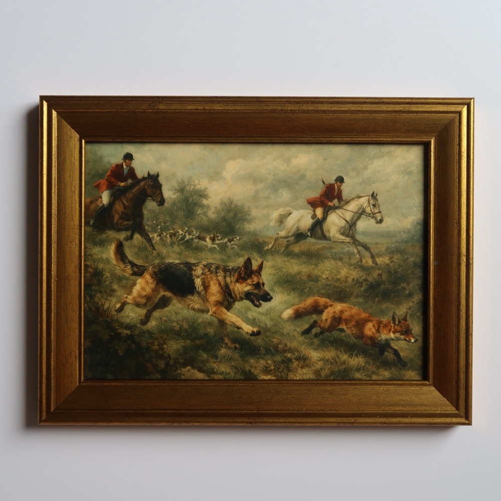 Vintage inspired Hunting Scene Framed Art print Gold Frame 5x7 German Shepherd